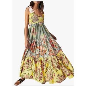 Free People style Summer Smocked Maxi Dress Tie Shoulder Boho Beach vacation